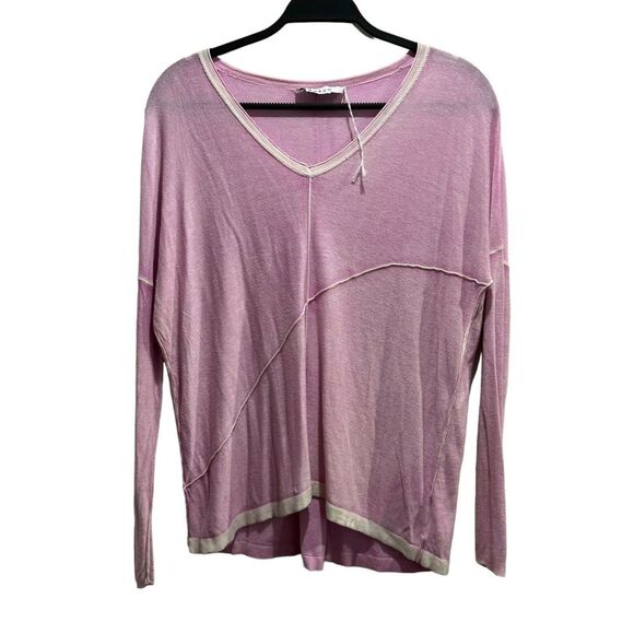 Kokun Long Sleeve Seamed Cashmere V-Neck Pink Medium - Picture 2 of 6